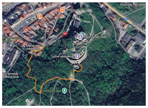 Mapa prístupových trás na Trenčiansky hrad