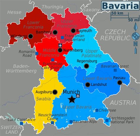 Mapa Bavorska s vyznačenými remeselnými centrami