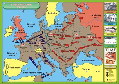 Mapa Európy počas 2. svetovej vojny s vyznačeným postupom vojsk
