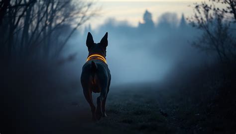 Fotografia psa s reflexným obojkom počas večernej prechádzky