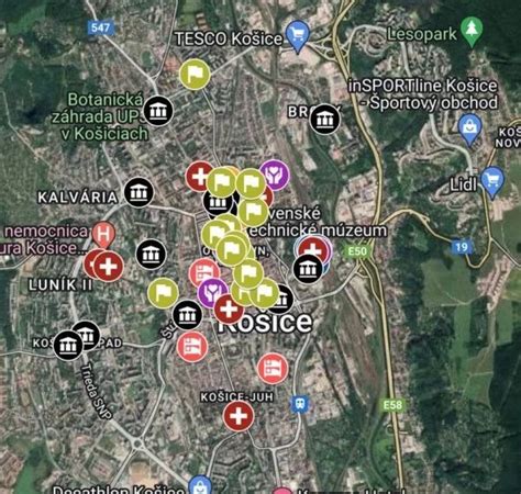 mapa Košíc s vyznačeným Radnicou Starého Mesta