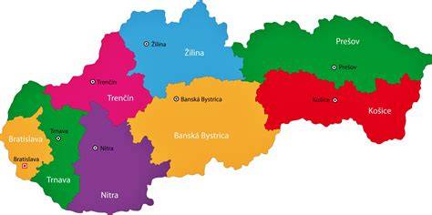 Mapa Slovenska s vyznačenými regionálnymi oblastmi RVPS