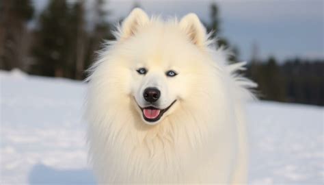 Vzhľad samojeda s typickým bielym kožuchom a úsmevom
