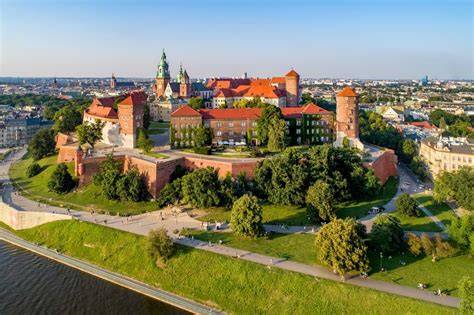 Wawel castle overview with towers and cathedral