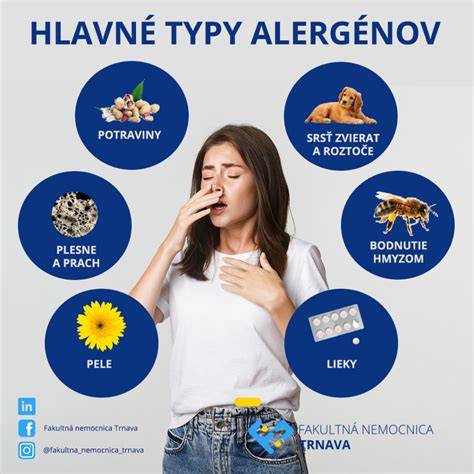 Infografika znázorňujúca hlavné typy alergénov a ich časté príznaky