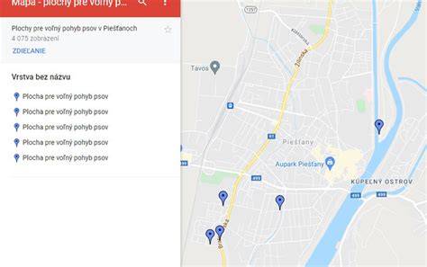 Interaktívna mapa Piešťan s vyznačením, kde je možné venčiť psa bez vôdzky